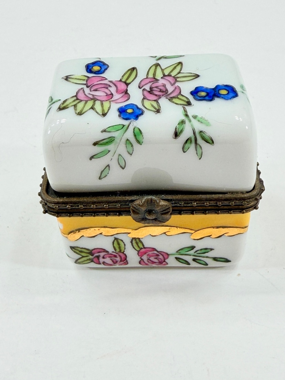 Limoges Style Porcelain Hinged Trinket Box Hand Painted Rectangle Flowers
